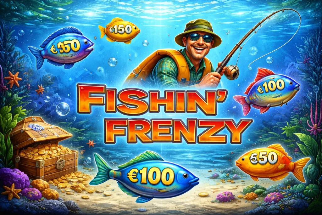 Horizontal Fishin Frenzy slot banner featuring underwater fishing scene, smiling fisherman with rod, colorful fish with prize values, treasure chest with coins, bubbles and ocean background, highlighting free spins and fishing bonus gameplay
