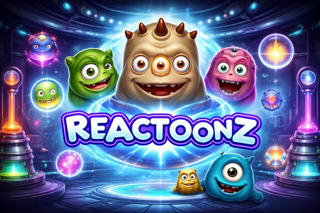 Horizontal Reactoonz slot banner featuring colorful alien characters, glowing energy effects, futuristic laboratory background, cluster grid gameplay elements, and dynamic feature-based slot atmosphere